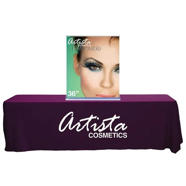Reusable, retractable kingstep tabletop vinyl banner stand with custom graphics.... from ASI 30442 Above & Beyond Advertising Products
