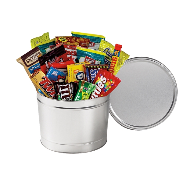 Two gallon tin filled with popcorn, snacks, cookies and candies... from ASI 71685 Midnite Snax®