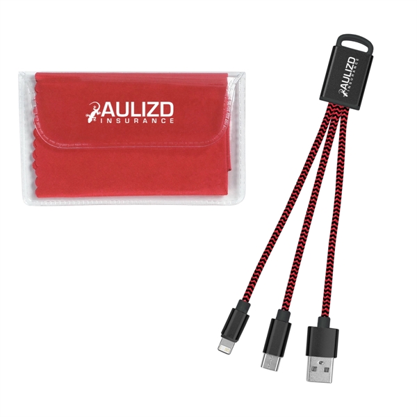 Charging buddy kit with 3-in-1 braided connectors and a microfiber cloth... from ASI 61125 Hit Promotional Products / Hit®