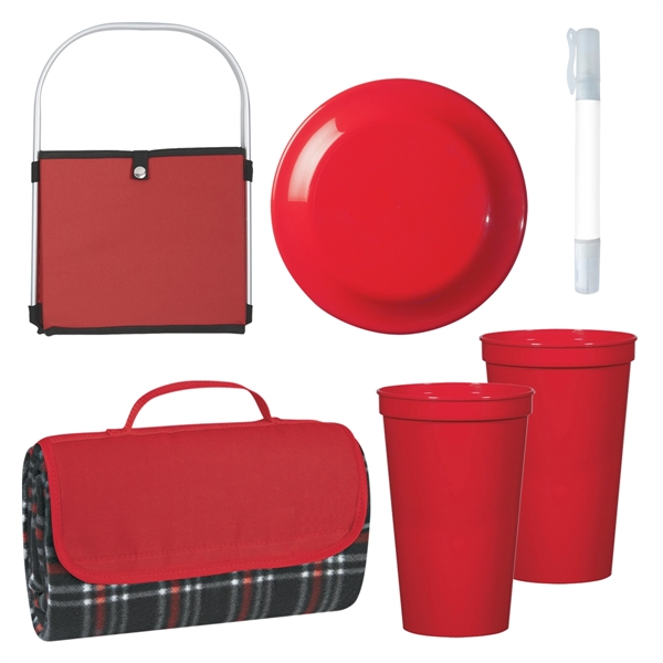 Kit with a blanket, cups, discus, a picnic basket, and a... from ASI 61125 Hit Promotional Products