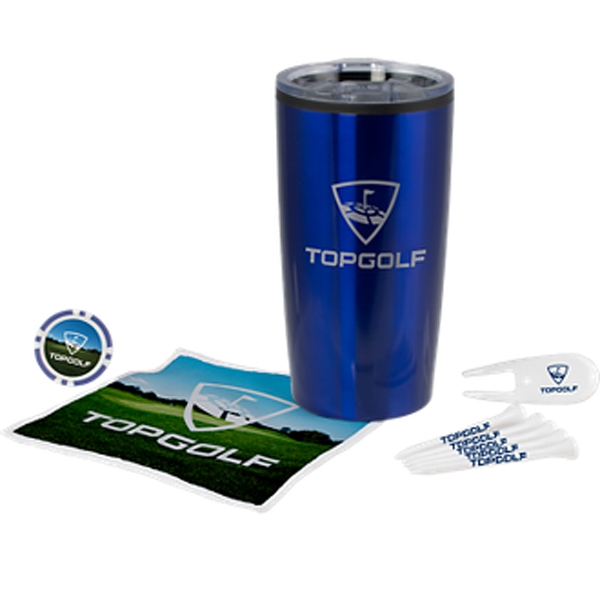 Golf kit with a 16-ounce tumbler, poker chip ball marker, divot... from ASI 57653 Gold Bond