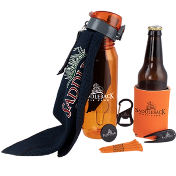 Golf kit with a 28-ounce bottle, golf towel, 4 tees, carabiner... from ASI 57653 Gold Bond