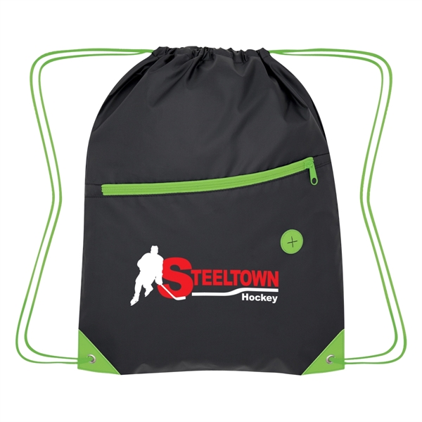 Drawstring bag with a large front zippered pocket and a built-in... from ASI 61125 Hit Promotional Products / Hit®