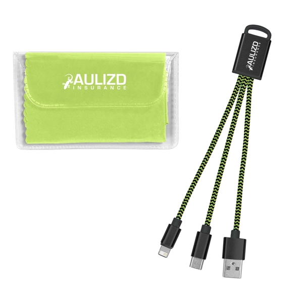 Charging buddy kit with 3-in-1 braided connectors and a microfiber cloth... from ASI 61125 Hit Promotional Products / Hit®