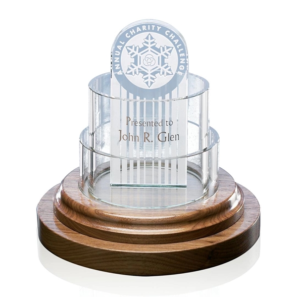 Starfire glass cylinder award on walnut base, 12" x 10".... from ASI 84592 St Regis Group / Prestige Glass
