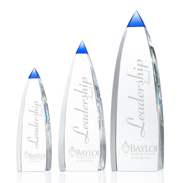 Optical crystal obelisk award with blue accent color on the tip.... from ASI 84592 St Regis Group / St Regis