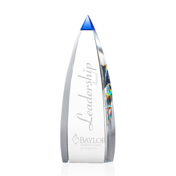 Optical crystal obelisk award with blue accent color on the tip.... from ASI 84592 St Regis Group / St Regis