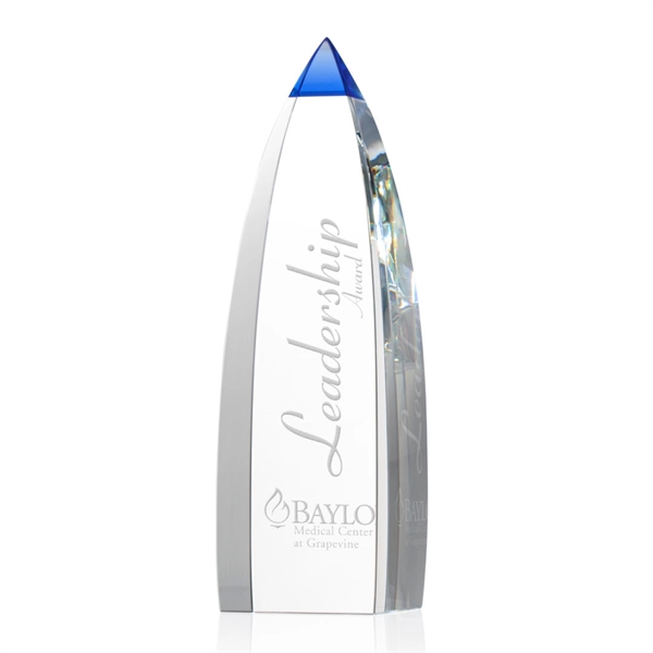 Optical crystal obelisk award with blue accent color on the tip.... from ASI 84592 St Regis Group / St Regis