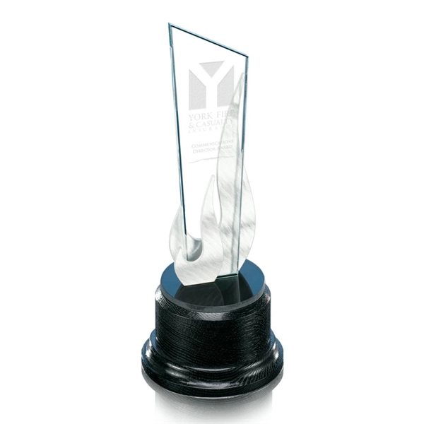 Starfire trophy flanked with brushed aluminum flames, 11" x 5".... from ASI 84592 St Regis Group / Prestige Glass