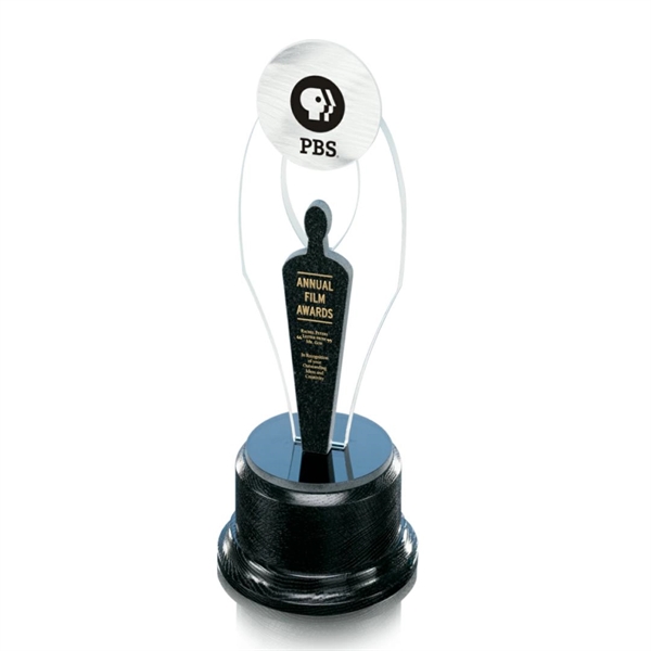 The Hollywood trophy features an aquashaped black granite figure backed by... from ASI 84592 St Regis Group / Prestige Glass