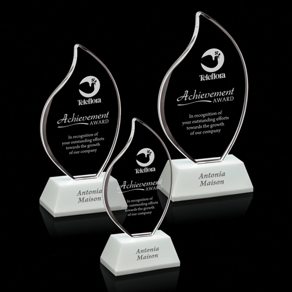 Martinique Award - optical crystal flame mounted to an angled white... from ASI 84592 St Regis Group / St Regis