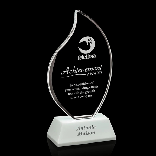 Martinique Award - optical crystal flame mounted to an angled white... from ASI 84592 St Regis Group / St Regis