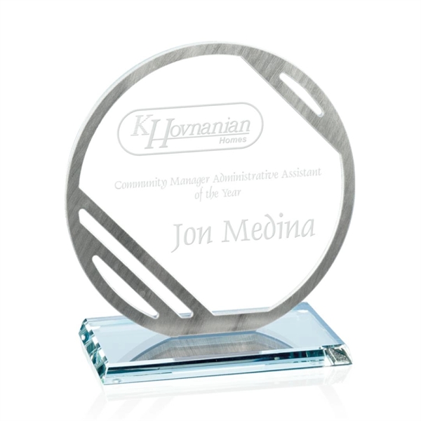 Circular starfire award bordered in brushed aluminum, 6" x 6".... from ASI 84592 St Regis Group / Prestige Glass