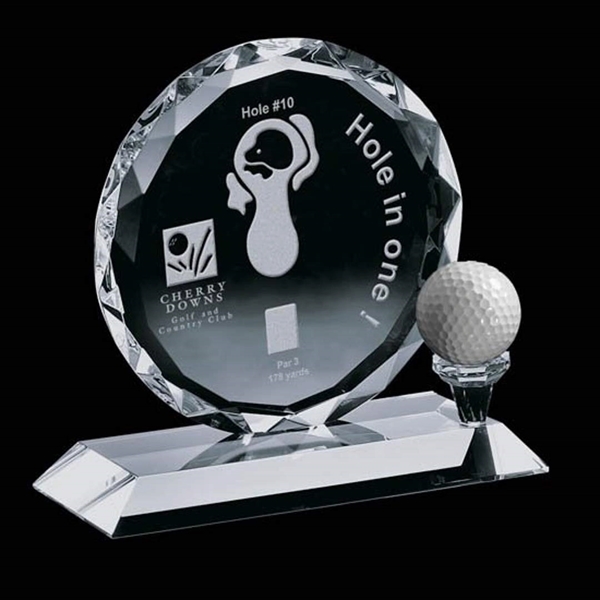 Optically cut round crystal award with golf tee and ball on... from ASI 84592 St Regis Group / St Regis