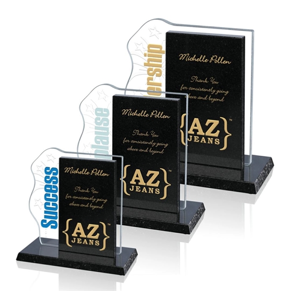 Aqua shaped starfire team building award on granite base, 5/8" thickness.... from ASI 84592 St Regis Group / Prestige Glass