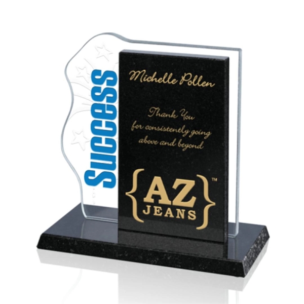 Aqua shaped starfire team building award on granite base, 5/8" thickness.... from ASI 84592 St Regis Group / Prestige Glass