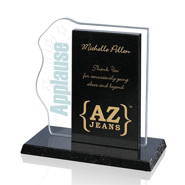 Aqua shaped starfire team building award on granite base, 5/8" thickness.... from ASI 84592 St Regis Group / Prestige Glass