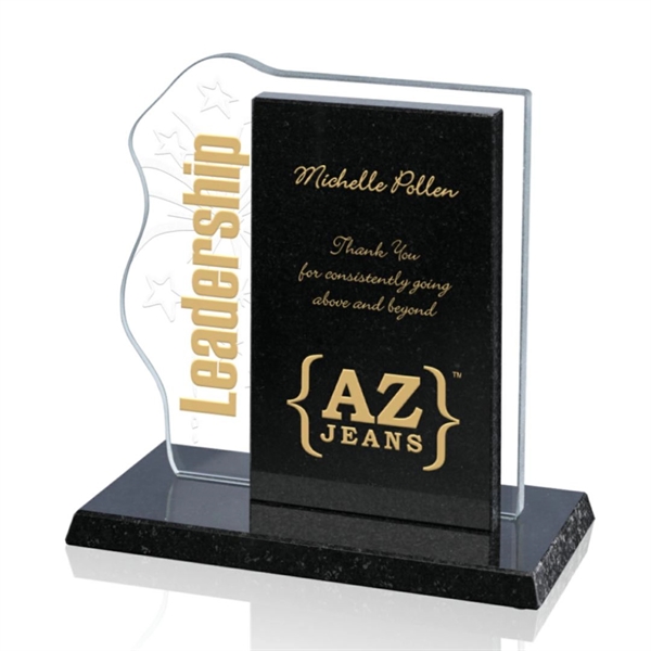 Aqua shaped starfire team building award on granite base, 5/8" thickness.... from ASI 84592 St Regis Group / Prestige Glass