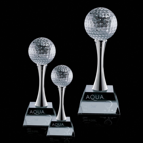 Optical crystal golf ball on a chrome pedestal award.... from ASI 84592 St Regis Group / St Regis