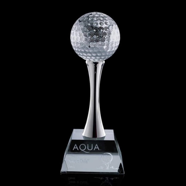 Optical crystal golf ball on a chrome pedestal award.... from ASI 84592 St Regis Group / St Regis