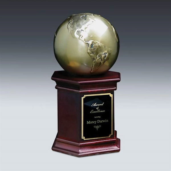 Cast metal globe award with mahogany-finish walnut base. 8 3/4".... from ASI 84592 St Regis Group / R S Owens & Co Inc