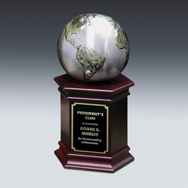 Cast metal globe award with mahogany-finish walnut base. 8 3/4".... from ASI 84592 St Regis Group / R S Owens & Co Inc