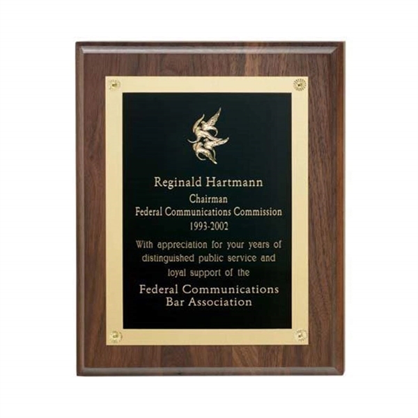 American walnut plaques with black brass engraving plates and decorative corner... from ASI 84592 St Regis Group / R S Owens & Co Inc