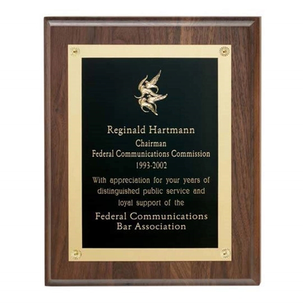 American walnut plaques with black brass engraving plates and decorative corner... from ASI 84592 St Regis Group / R S Owens & Co Inc