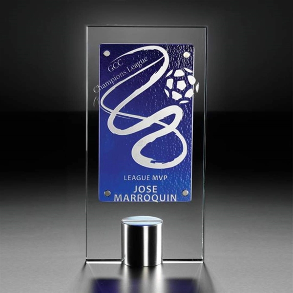 Starfire crystal award with art glass and aluminum base.... from ASI 84592 St Regis Group / R S Owens & Co Inc