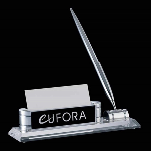 Pen and business card holder features chrome pillars on a clear... from ASI 84592 St Regis Group