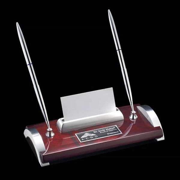 Rosewood and chrome two pen desk stand with a business card... from ASI 84592 St Regis Group