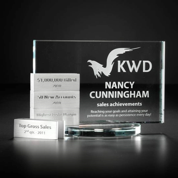 Brushed aluminum and starfire crystal vertical tower with four aluminum add-ons.... from ASI 84592 St Regis Group / R S Owens & Co Inc