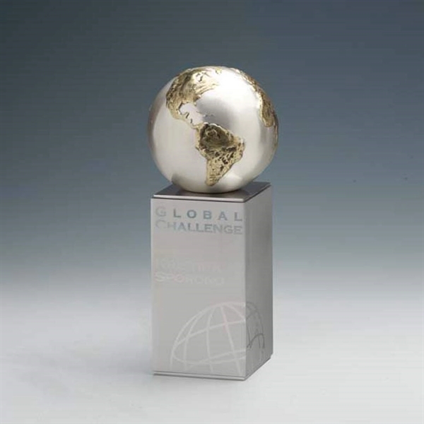 Cast metal award with mounted globe on pillar on a polished... from ASI 84592 St Regis Group / R S Owens & Co Inc