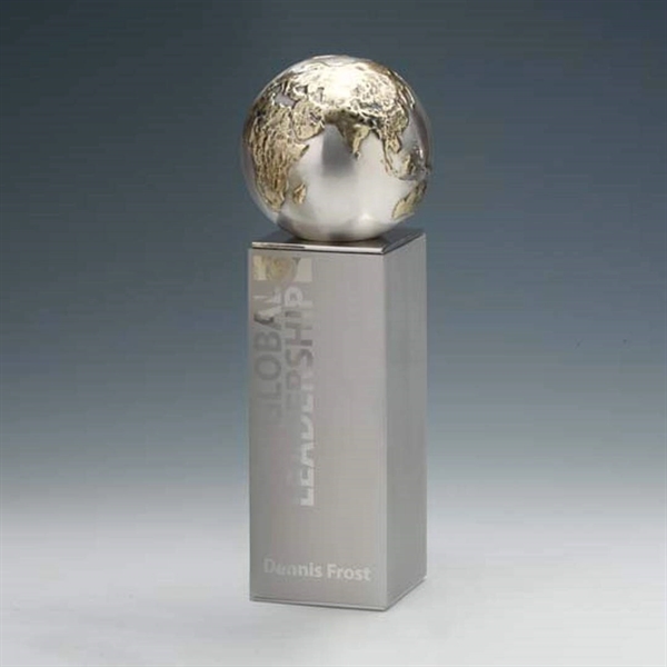 Cast metal award with mounted globe on pillar on a polished... from ASI 84592 St Regis Group / R S Owens & Co Inc