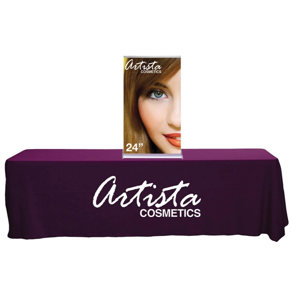 Reusable, retractable kingstep tabletop vinyl banner stand with custom graphics.... from ASI 30442 Above & Beyond Advertising Products
