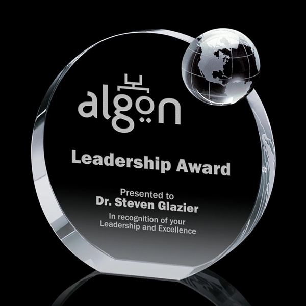 Thick free standing Optical Crystal accented with a deep etched globe... from ASI 84592 St Regis Group / St Regis