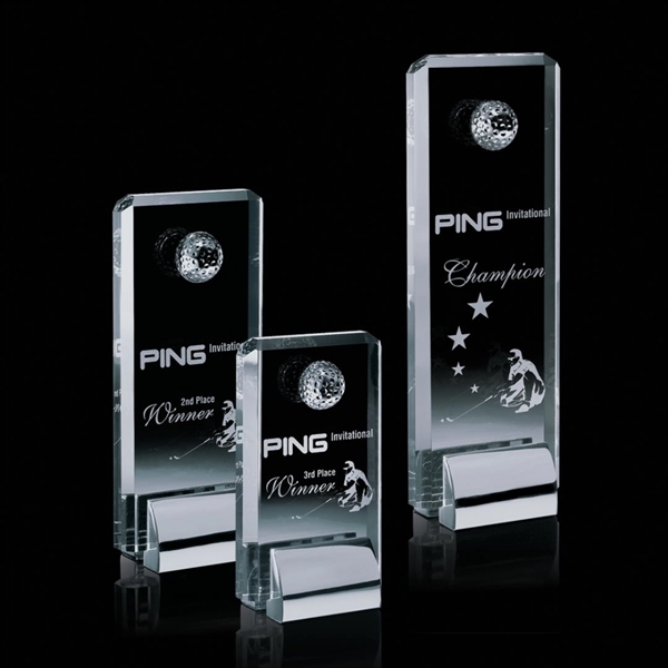Optical crystal award with molded 3D golf ball on a chrome... from ASI 84592 St Regis Group / St Regis
