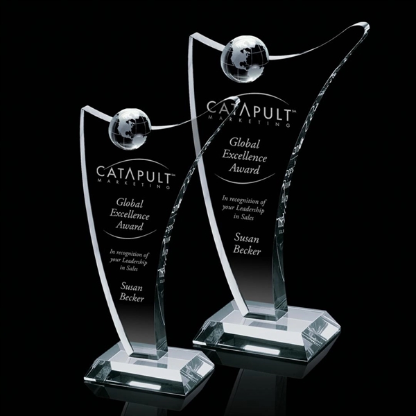 Stunning tall optical crystal award complimented with an optical crystal globe... from ASI 84592 St Regis Group / St Regis