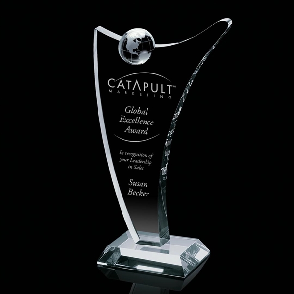 Stunning tall optical crystal award complimented with an optical crystal globe... from ASI 84592 St Regis Group / St Regis
