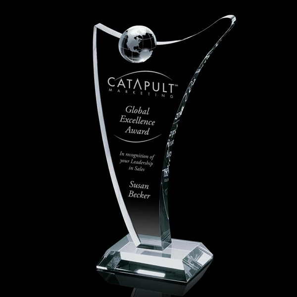 Stunning tall optical crystal award complimented with an optical crystal globe... from ASI 84592 St Regis Group / St Regis