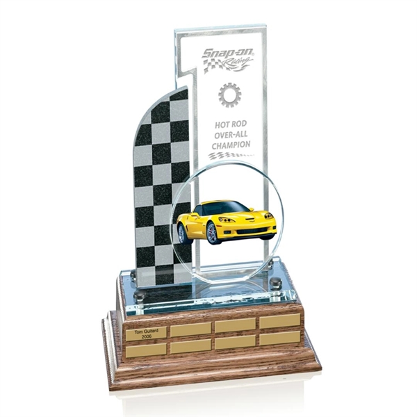 Starfire/granite/oak trophy on wooden base, 10" x 12".... from ASI 84592 St Regis Group / Prestige Glass