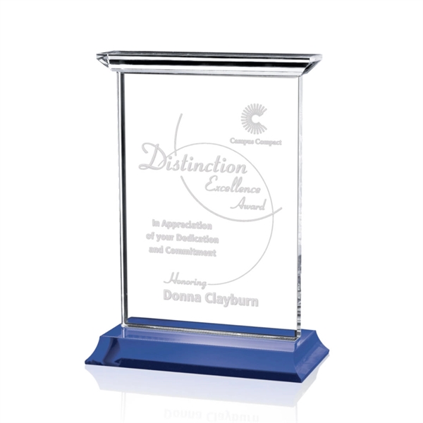 Optical vertical crystal award with complimenting blue base.... from ASI 84592 St Regis Group / St Regis