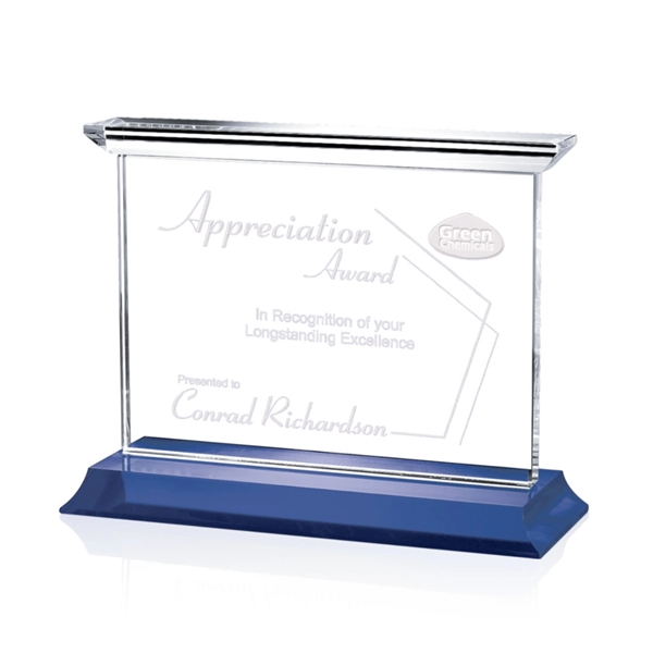 Optical horizontal crystal award with complimenting blue base.... from ASI 84592 St Regis Group / St Regis