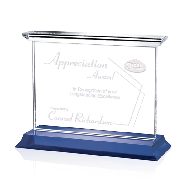Optical horizontal crystal award with complimenting blue base.... from ASI 84592 St Regis Group / St Regis