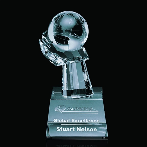Optical crystal award with globe sitting on hand and mounted on... from ASI 84592 St Regis Group / St Regis