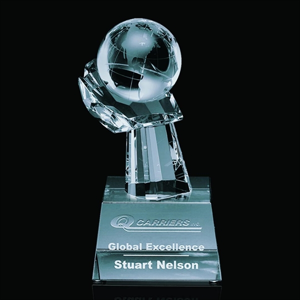 Optical crystal award with globe sitting on hand and mounted on... from ASI 84592 St Regis Group / St Regis