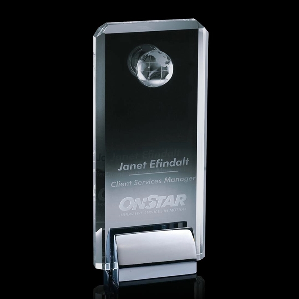 Optical crystal award with 3D globe and a chrome base.... from ASI 84592 St Regis Group / St Regis