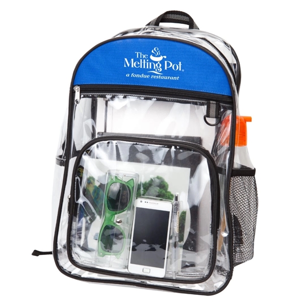 600D polyester, clear PVC backpack. Large zippered main compartment and 2... from ASI 84592 St Regis Group