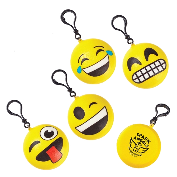 2.75" squeezable foam yellow emoji keychains with clip attachment. Random assortment... from ASI 63549 Jornik Manufacturing Corp