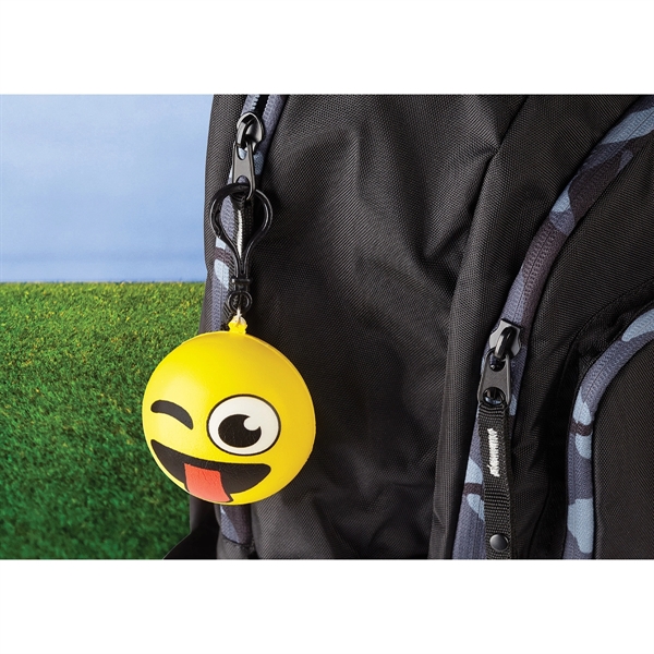 2.75" squeezable foam yellow emoji keychains with clip attachment. Random assortment... from ASI 63549 Jornik Manufacturing Corp